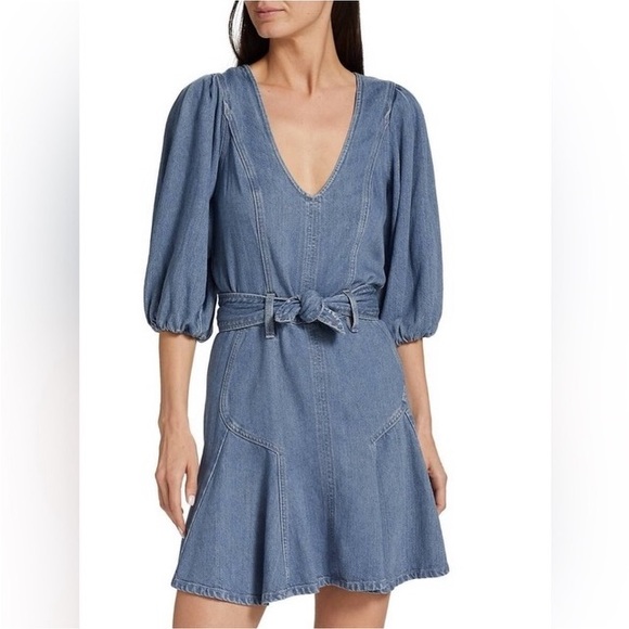 NWT Small 7 For All Mankind Puff Sleeve Belted Denim Flare Mini Dress - Picture 1 of 7